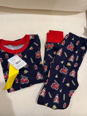 Kissy Kissy Navy Pajama Set with Red and Yellow Fire Truck Print